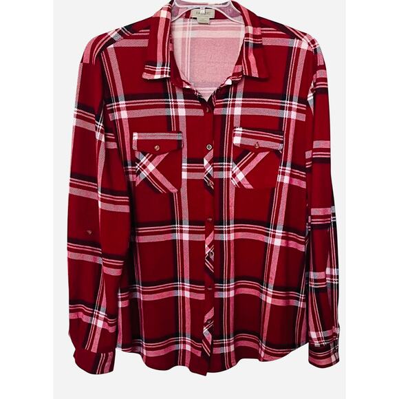 PASSPORT LONG SLV BUTTON  TOP, WOMENS, 3X, RED WHITE NAVY BLUE PLAID, WESTERN - Picture 1 of 11